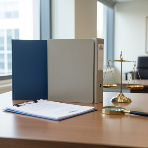Deux dossiers juridiques sans inscription placés côte à côte avec une balance et une loupe, illustrant la comparaison entre un accord d’entreprise et une convention collective.