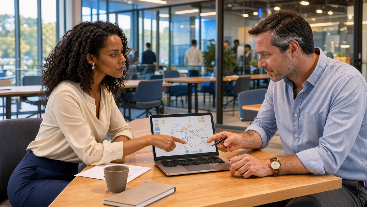 Une jeune femme échange avec un mentor dans un bureau moderne du numérique et du conseil pour réfléchir à son évolution professionnelle.
