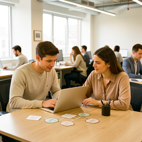 Un jeune homme alternant échange avec une responsable d’équipe autour d’un ordinateur dans un bureau moderne, tandis que des collègues travaillent à proximité.