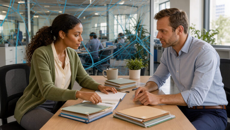 Une jeune femme apprentie échange avec son mentor dans un bureau au sujet de ses congés, de sa protection sociale et de ses droits.