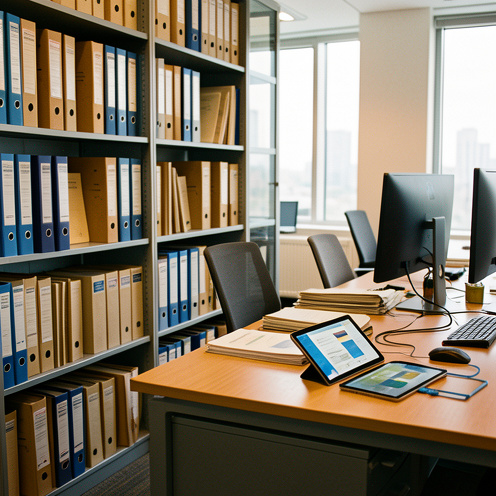 Archives de documents de santé et de sécurité au travail disposées près d’un espace moderne de services numériques, illustrant l’évolution d’une ancienne structure vers une nouvelle organisation.