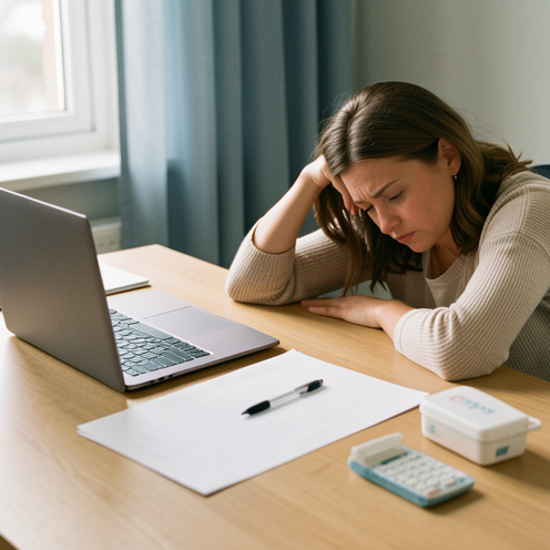 Une femme salariée se repose à domicile près d’un bureau avec un ordinateur fermé, des documents administratifs vierges et une trousse médicale.