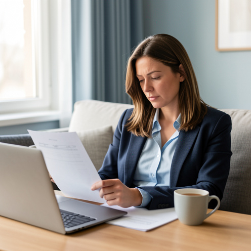 Femme de bureau se reposant chez elle et examinant des documents administratifs vierges, avec un ordinateur portable et une tasse de thé.