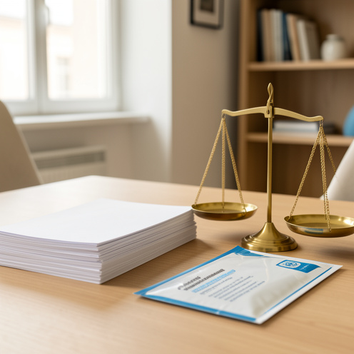 Documents juridiques vierges, balance en laiton et enveloppe symbolisant les accords professionnels et les indemnités équitables dans un bureau moderne.