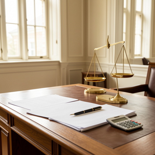 Balance en laiton posée sur un bureau de juge avec des documents juridiques vierges, un stylo et une calculatrice, évoquant les frais de procédure et l’indemnisation.