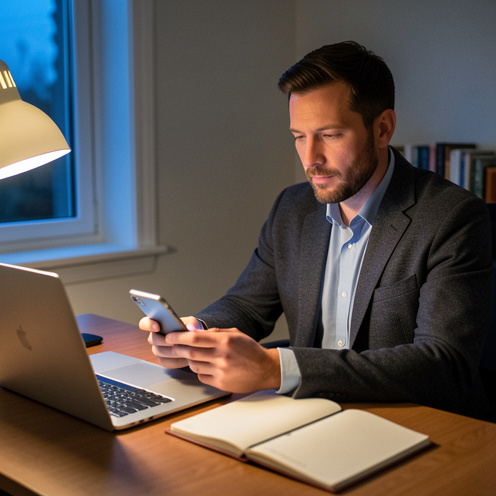 Un homme travaille le soir depuis un bureau à domicile pendant une période d’astreinte, avec un téléphone lumineux et un ordinateur portable posés près d’un carnet vierge.