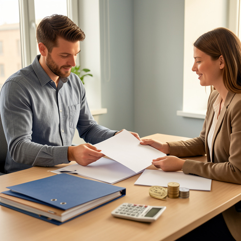 Un homme et une femme examinent un classement professionnel avec des dossiers vierges, une calculatrice et des jetons symbolisant le salaire sur un bureau moderne.
