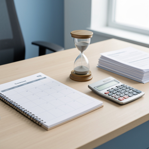 Bureau moderne avec un agenda vierge, un sablier, une calculatrice et des documents professionnels évoquant le calcul d’un délai de prévenance pendant une période d’essai.