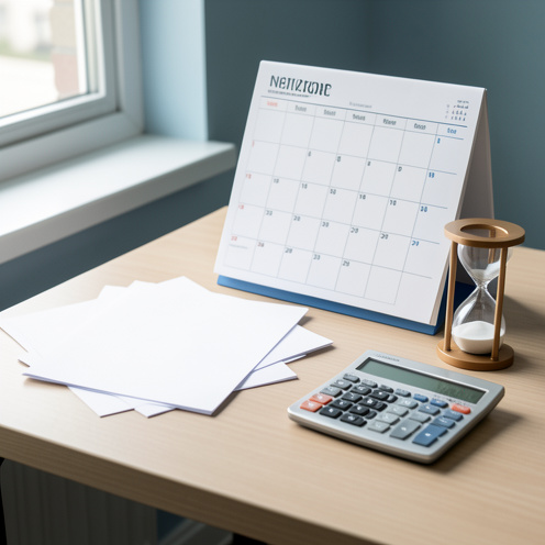 Bureau organisé avec des documents vierges, un calendrier sans inscription, une calculatrice et un sablier évoquant le calcul de la durée d’un préavis de démission.
