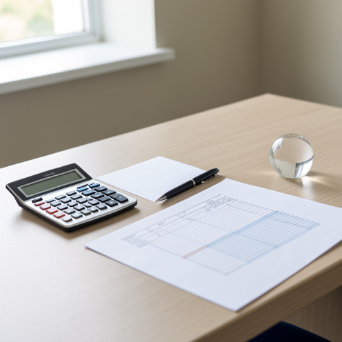 Bureau avec calculatrice, documents vierges et stylo évoquant le calcul d’une prime de vacances.