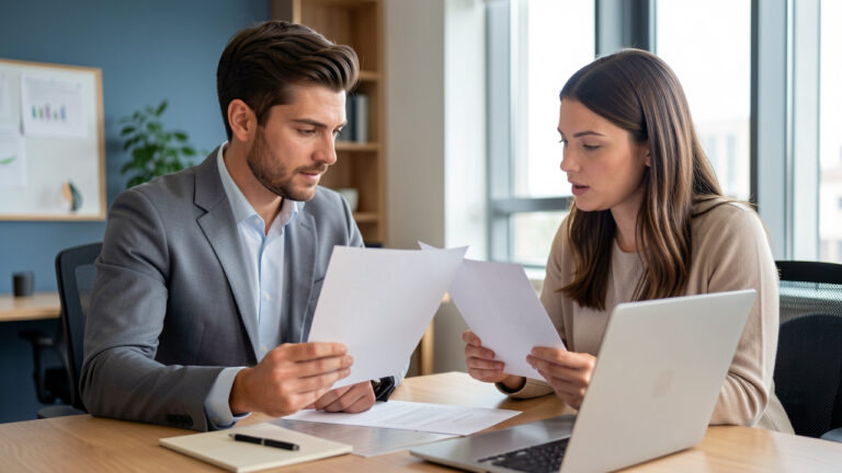 Un homme et une femme examinent des documents vierges dans un bureau moderne de conseil numérique, autour d’un projet professionnel temporaire.