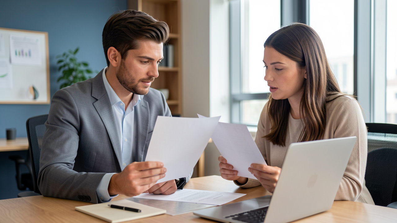 Un homme et une femme examinent des documents vierges dans un bureau moderne de conseil numérique, autour d’un projet professionnel temporaire.