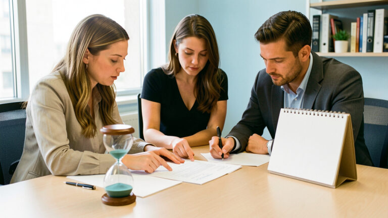 Trois professionnels échangent autour d’un accord de travail, avec des documents vierges et un sablier sur une table de bureau.