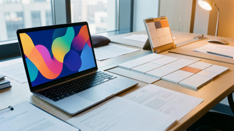 Espace de travail moderne évoquant le conseil numérique et l’organisation de missions ponctuelles, avec un ordinateur portable et des éléments modulaires sur un bureau.