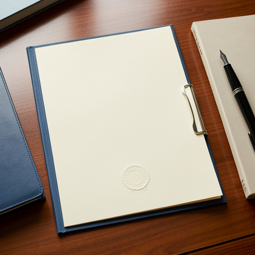 Document administratif vierge présenté sur un bureau avec un stylo, un dossier et un sceau en relief.