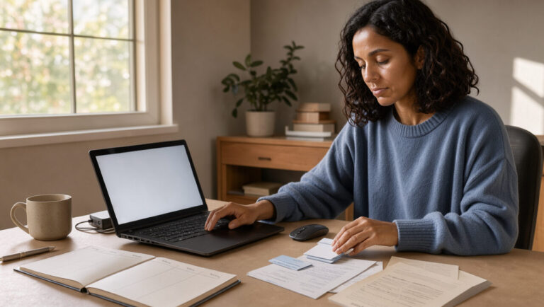 Femme travaillant à distance devant un ordinateur et organisant des supports vierges liés au financement de services à domicile dans un bureau chaleureux.