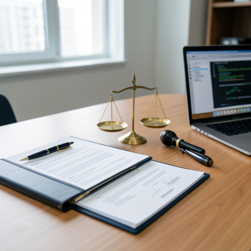 Bureau professionnel avec un dossier juridique vierge, un stylo, une balance en laiton et un ordinateur portable, illustrant les règles de validité d’une clause de non-concurrence en entreprise de services numériques.