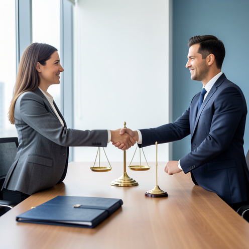 Scène professionnelle évoquant un accord juridique, avec un dossier fermé, une balance de justice et une poignée de main entre deux professionnels dans un bureau moderne.