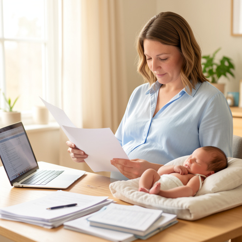 Une femme enceinte examine des documents administratifs vierges dans un espace de travail lumineux, près de son nouveau-né endormi.