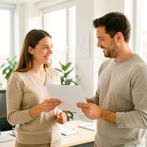 Une salariée échange avec un responsable dans un bureau lumineux au sujet de son congé parental et de son retour au travail.