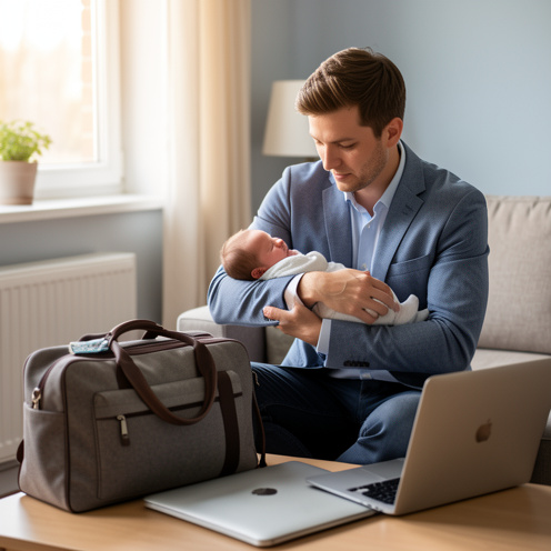Jeune père en tenue professionnelle tenant délicatement son nouveau-né à la maison, près d’un sac de travail et d’un ordinateur fermé.