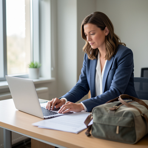 Une femme organise des documents vierges et un sac de voyage dans un bureau moderne pour préparer un congé sabbatique.