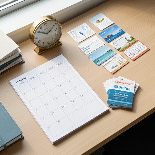 Bureau professionnel avec un agenda vierge, une horloge et des cartes de congés symbolisant les droits liés à l’ancienneté.
