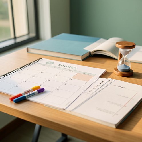 Bureau professionnel organisé avec un calendrier vierge, des marqueurs colorés et un sablier illustrant la gestion des congés payés.
