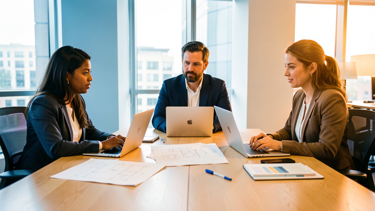 Trois professionnels collaborent dans un bureau moderne autour d’ordinateurs et de documents techniques, représentant le recrutement dans le numérique, le conseil et l’ingénierie.