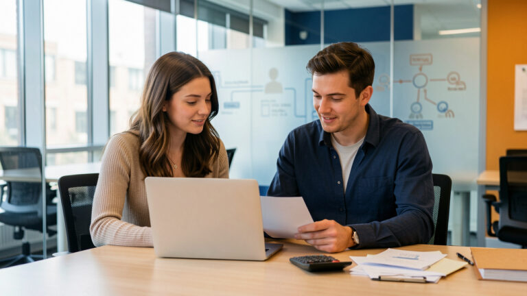 Une jeune femme et un mentor du numérique examinent des documents vierges dans un espace de travail moderne, avec un ordinateur, une calculatrice et des éléments évoquant l’évolution professionnelle.