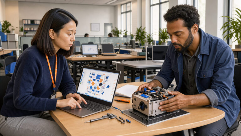 Une ingénieure et un ingénieur collaborent dans un espace de travail moderne autour d’un ordinateur et d’un prototype technique.