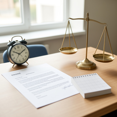 Bureau professionnel présentant un contrat vierge, une horloge, un calendrier sans inscription et une balance juridique symbolisant les exceptions liées au travail à temps partiel.