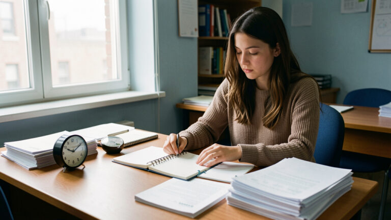 Jeune doctorante organisant son temps de travail et ses périodes de congé dans un bureau universitaire.