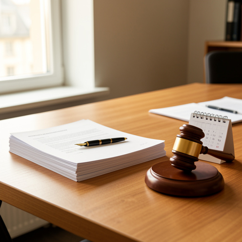 Bureau professionnel présentant des documents vierges, un stylo, un maillet de juge et un calendrier neutre, évoquant les règles des accords collectifs de travail.