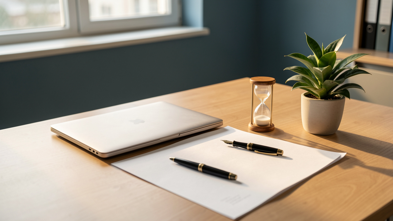 Bureau contemporain avec ordinateur fermé, documents vierges, stylo, sablier et plante, évoquant une transition professionnelle et les congés restant avant un départ.