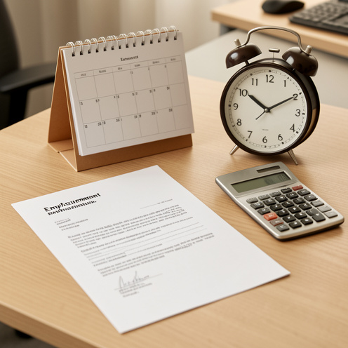 Bureau professionnel présentant un contrat vierge, une calculatrice, un calendrier sans inscription et une horloge pour illustrer le calcul du délai de prévenance de l’employeur.