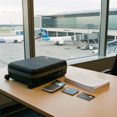 Valise professionnelle, document de voyage vierge, calculatrice et papiers de dépenses vierges disposés sur un bureau d’aéroport face à un avion.