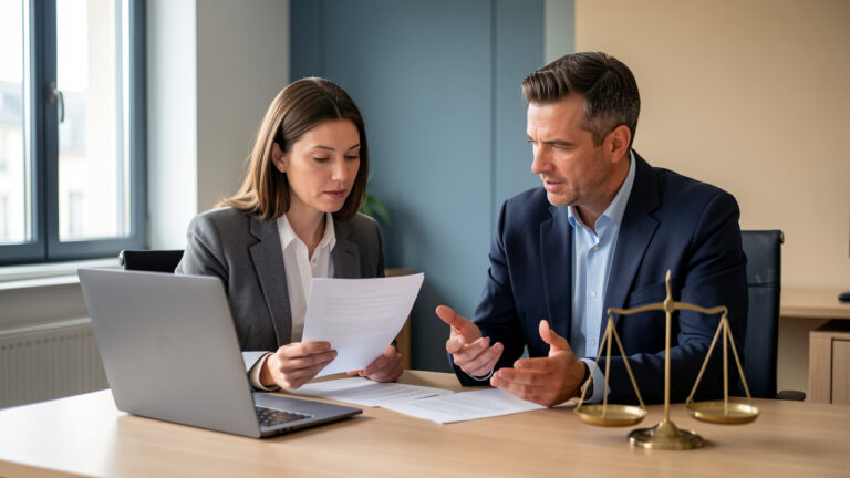 Une salariée échange avec un conseiller dans un bureau au sujet de ses droits professionnels, avec des documents neutres et une balance symbolisant l’équilibre juridique.