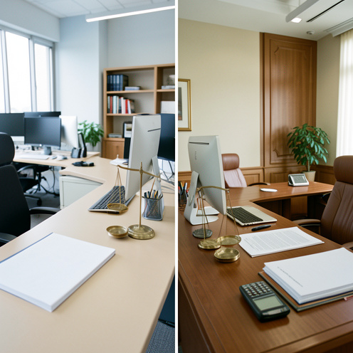 Composition équilibrée présentant deux espaces de travail professionnels distincts, symbolisant les différences de statut et de droits entre Etam et cadre Syntec.