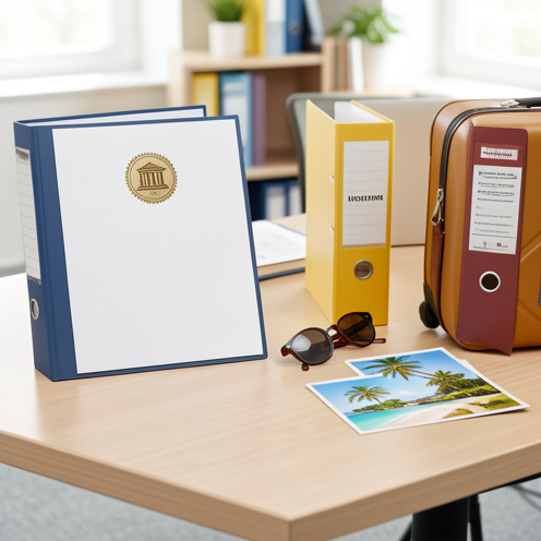 Bureau lumineux présentant deux dossiers distincts symbolisant les congés payés légaux et les congés conventionnels, accompagnés d’accessoires de vacances.
