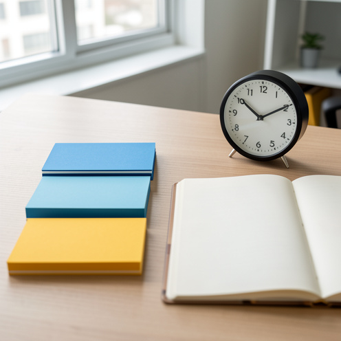 Bureau moderne présentant deux ensembles distincts de cartes vierges, une horloge analogique et un agenda ouvert pour illustrer les congés payés et les RTT.