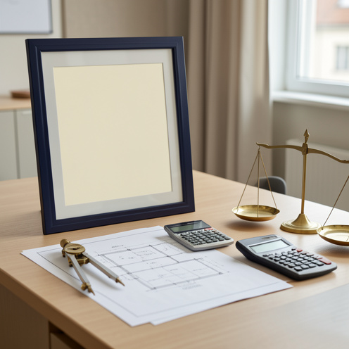 Diplôme d’ingénieur vierge encadré, instruments de dessin technique, plans abstraits et balance en laiton disposés sur un bureau professionnel.
