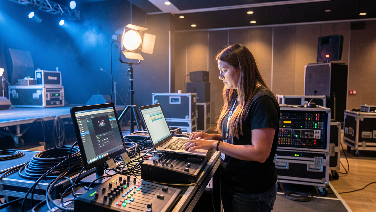 Une technicienne audiovisuelle ajuste des équipements d’éclairage et de production numérique dans les coulisses d’un événement.