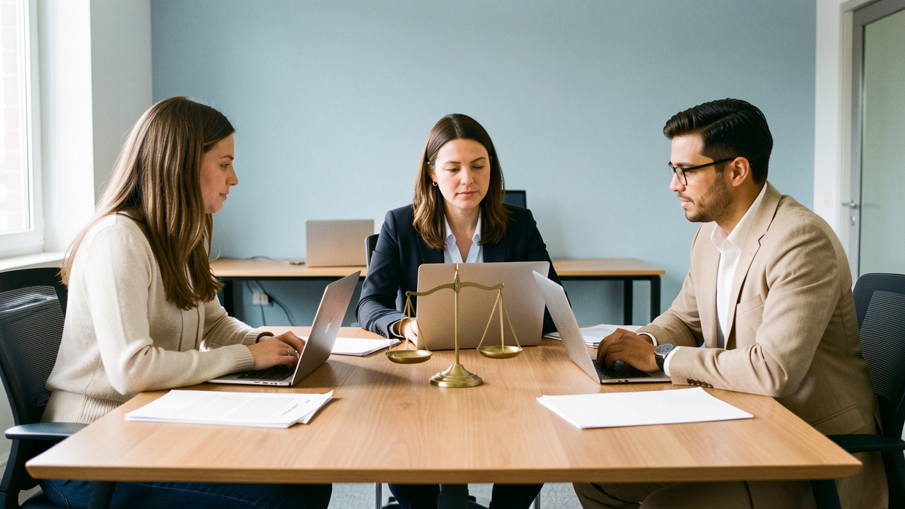 Trois salariés collaborent dans un bureau moderne autour d’ordinateurs et de documents vierges, avec une balance symbolisant l’équilibre des droits au travail.