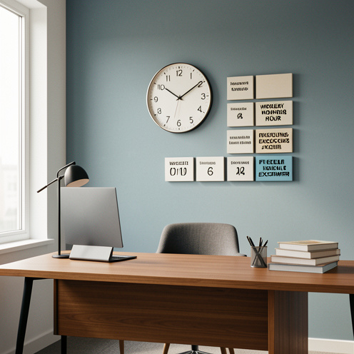 Bureau moderne avec une horloge analogique et des blocs de temps soigneusement disposés, illustrant les limites hebdomadaires du travail et les possibilités de dérogation.