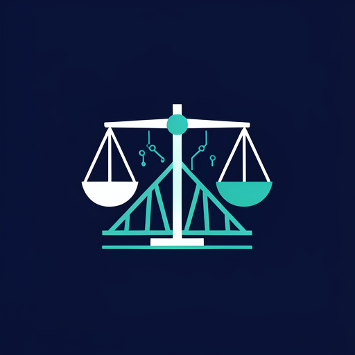 Emblème minimaliste représentant le droit du travail, l’emploi, le numérique et l’ingénierie avec une balance stylisée, un pont géométrique et des connexions en réseau sur fond bleu marine uni.