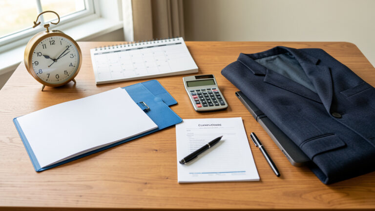 Bureau professionnel avec un dossier de contrat vierge, une horloge, un calendrier sans inscription, une calculatrice et un ordinateur portable, illustrant la vérification des conditions de travail.