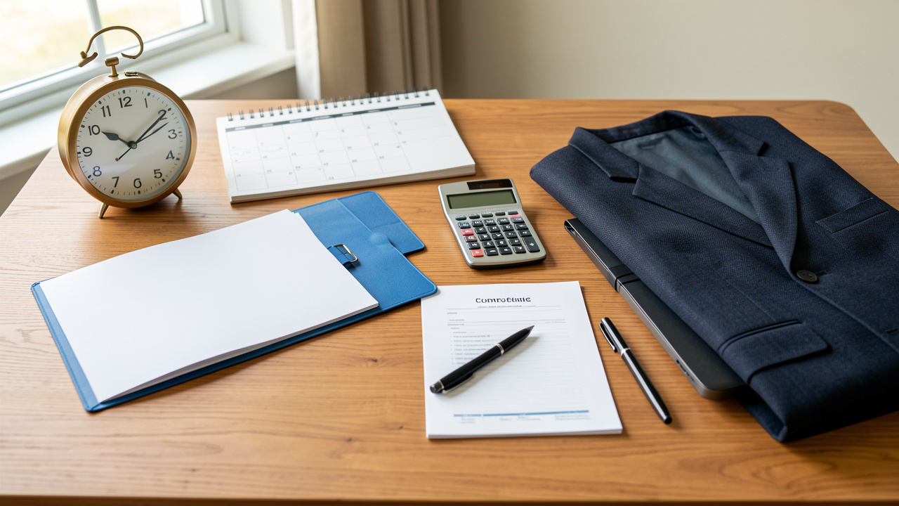 Bureau professionnel avec un dossier de contrat vierge, une horloge, un calendrier sans inscription, une calculatrice et un ordinateur portable, illustrant la vérification des conditions de travail.