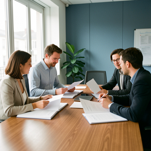 Une équipe diverse composée de deux femmes et de deux hommes examine des dossiers vierges dans un bureau moderne, illustrant l’application d’une convention collective aux entreprises.