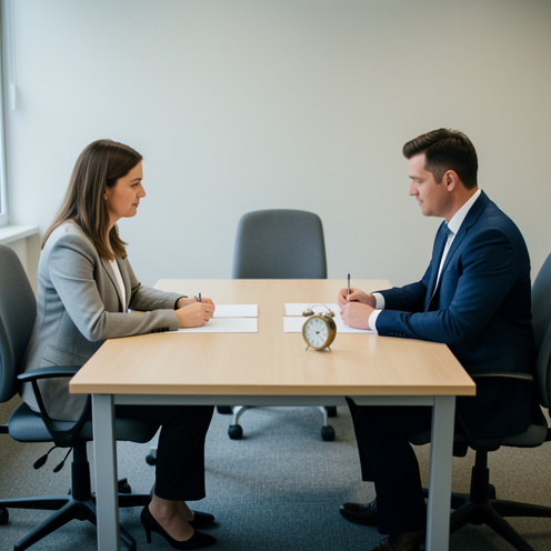 Une salariée et un responsable examinent des documents vierges dans un bureau, évoquant un entretien professionnel formel et un rendez-vous reporté.